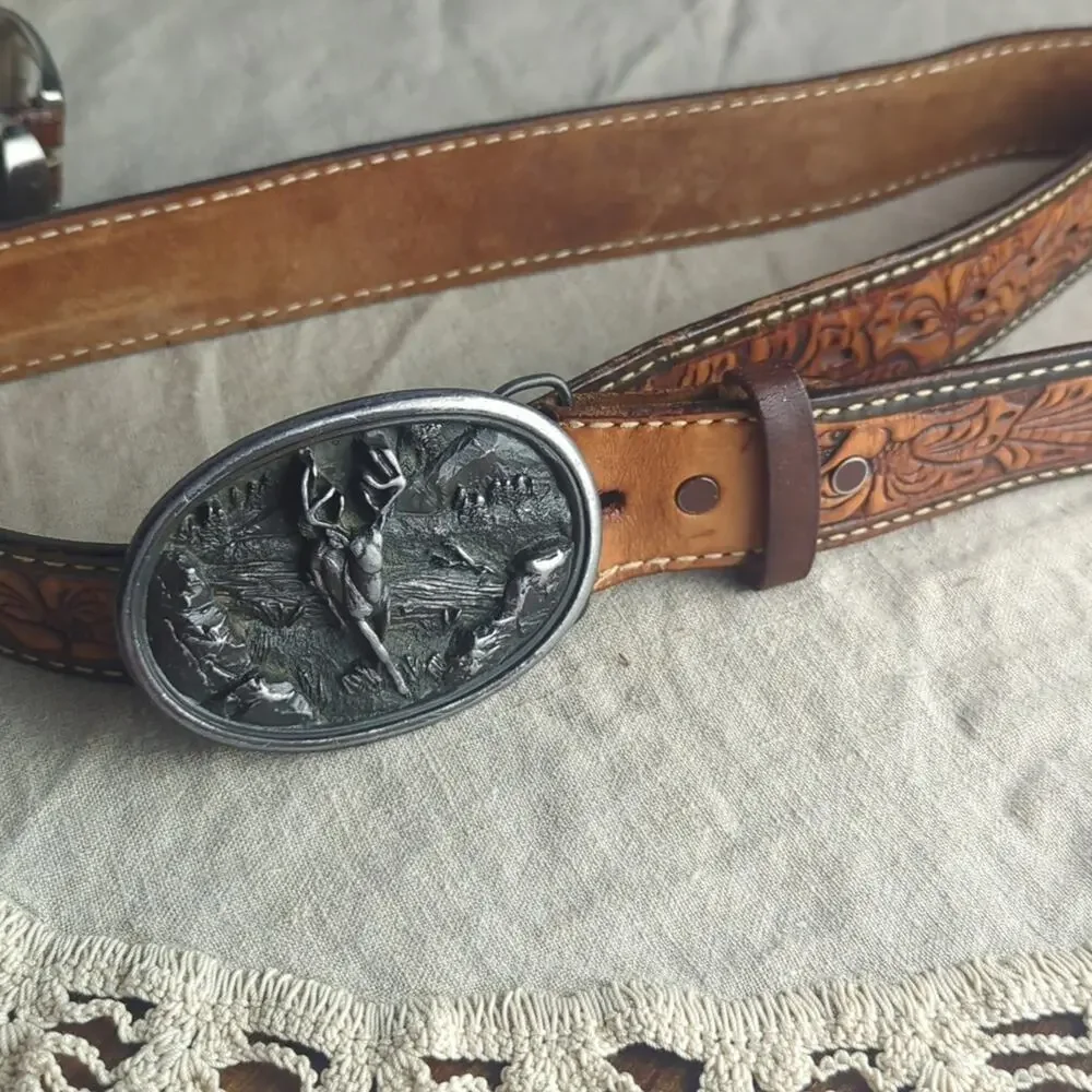 Vintage 1988 Bergamot Brass Works Deer Belt Buckle Embossed Leather Belt Hunting